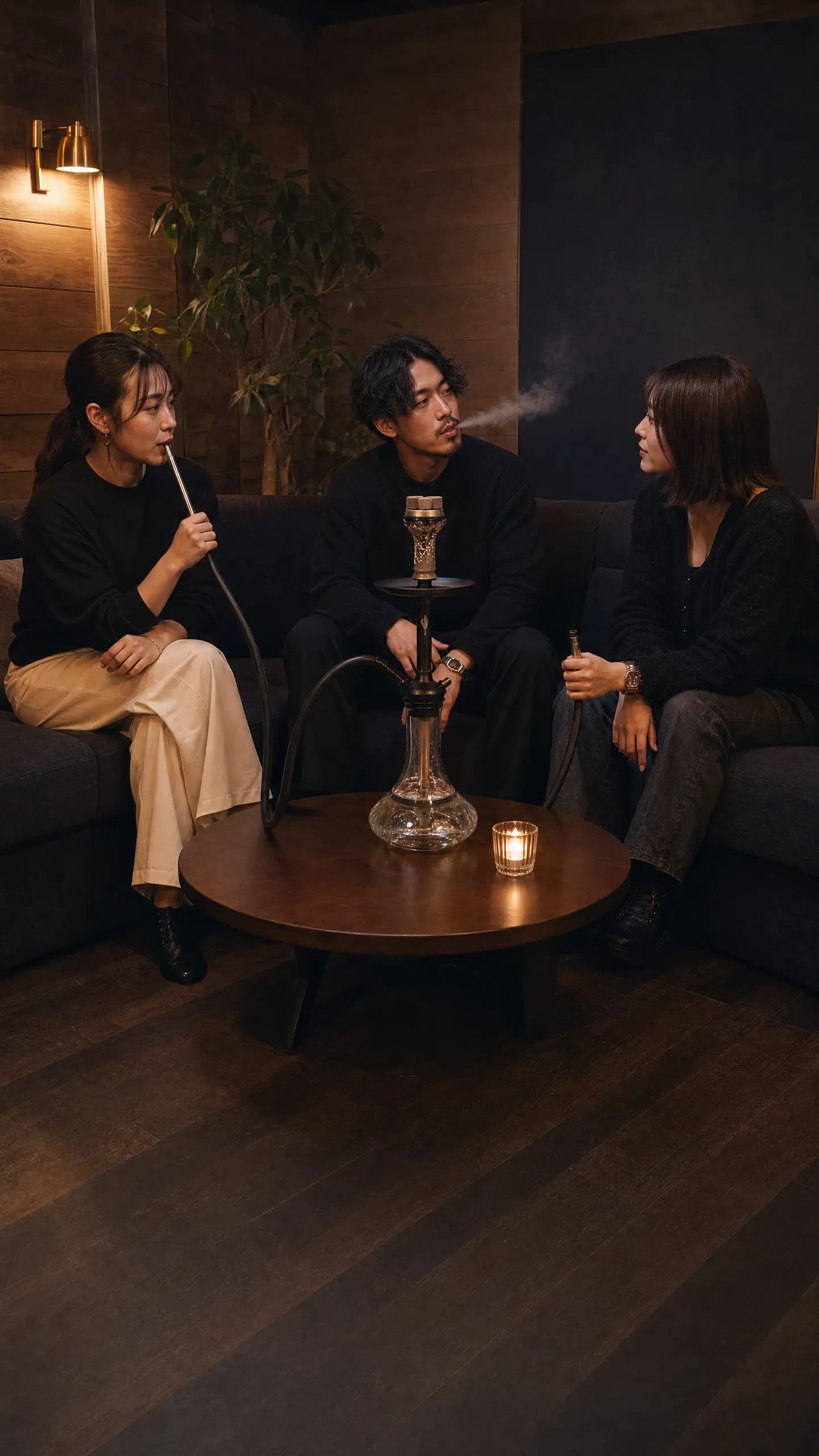 シーシャを吸いながら自然に会話する3人